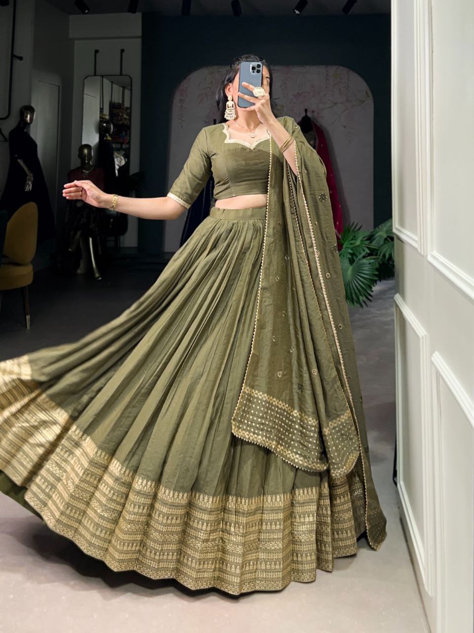 Pure Chanderi Zari Work Lehenga Choli Set