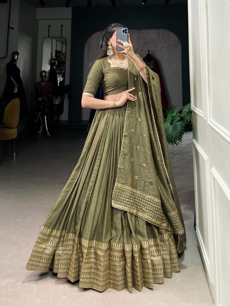 Pure Chanderi Zari Work Lehenga Choli Set
