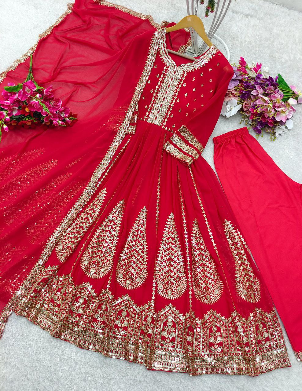 Pure Fox Georgette Gown, Pant, and Dupatta Set – Fully Stitched & Ready to Wear