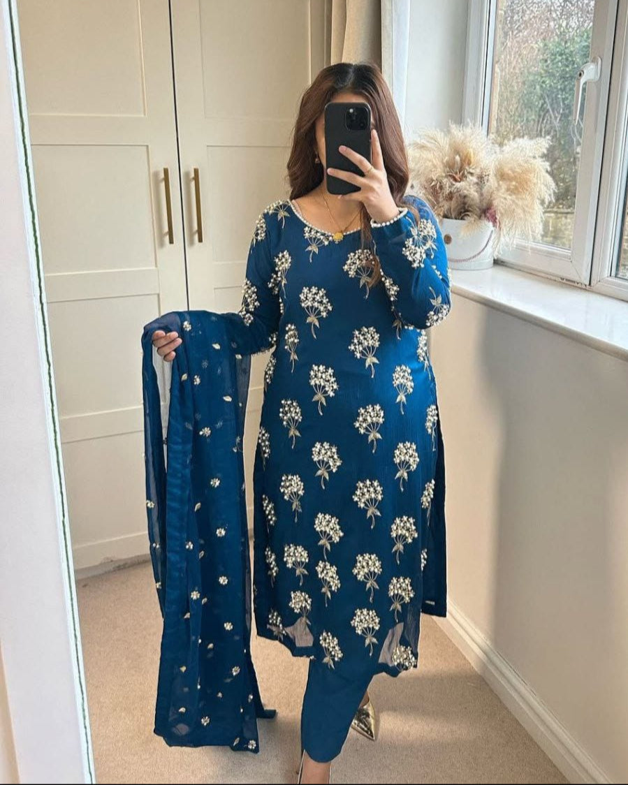 Elegant Embroidered Long Top & Pant with Dupatta β Premium Designer Wear