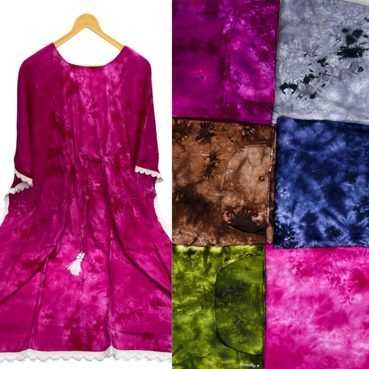 Rayon Slub Tie-Dye Kaftan Dress with Lace Border