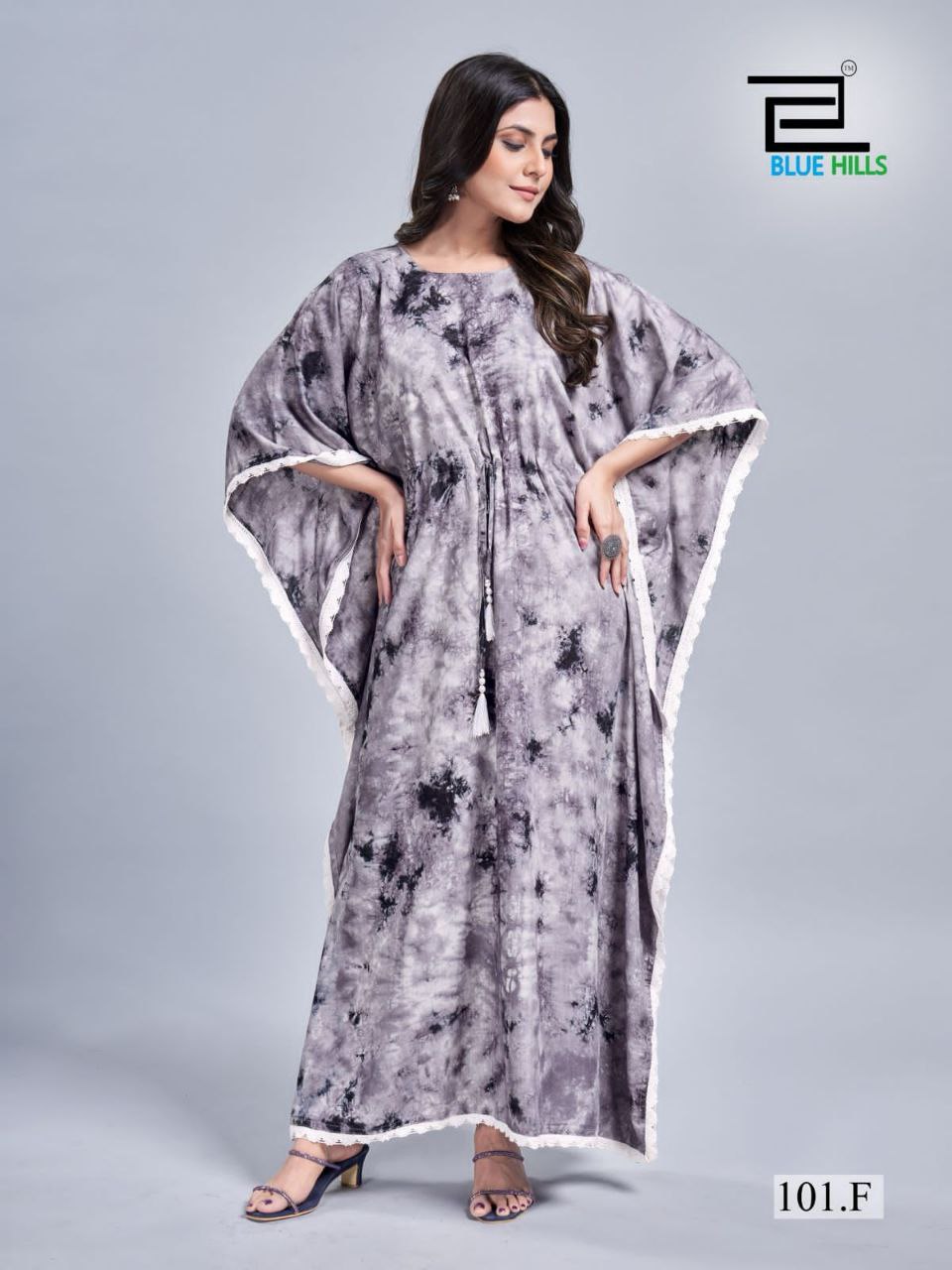 Rayon Slub Tie-Dye Kaftan Dress with Lace Border