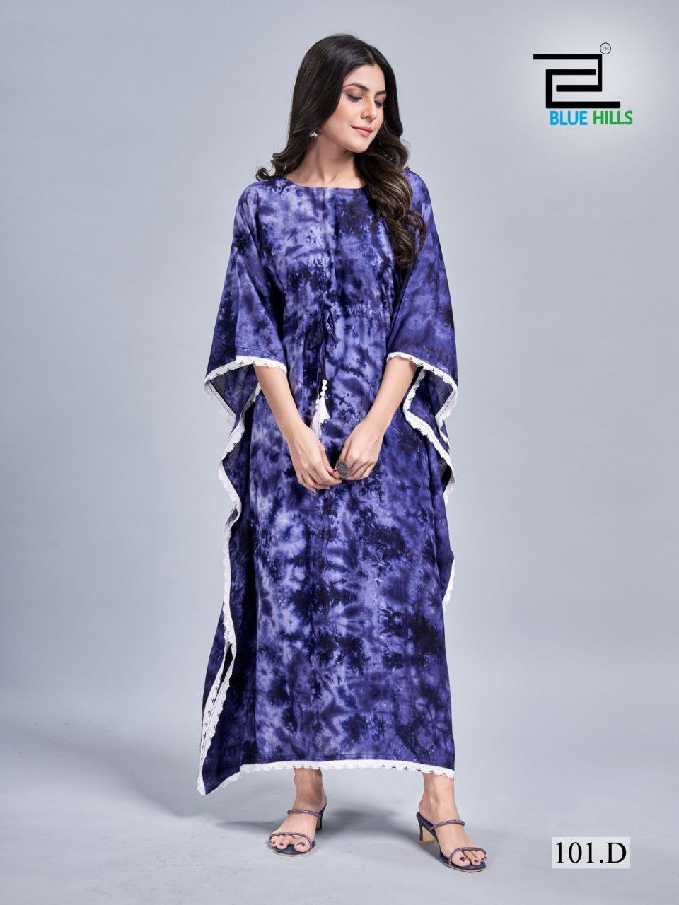 Rayon Slub Tie-Dye Kaftan Dress with Lace Border