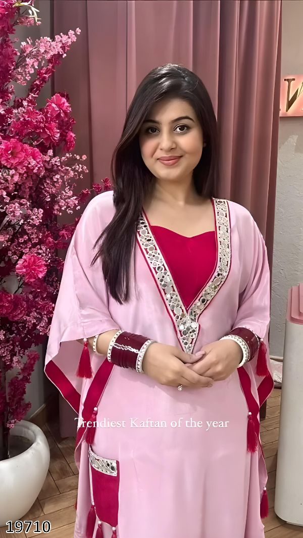 Real Mirror Work Kaftan Set in Moss Satin – Festive Collection
