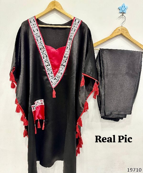 Real Mirror Work Kaftan Set in Moss Satin – Festive Collection