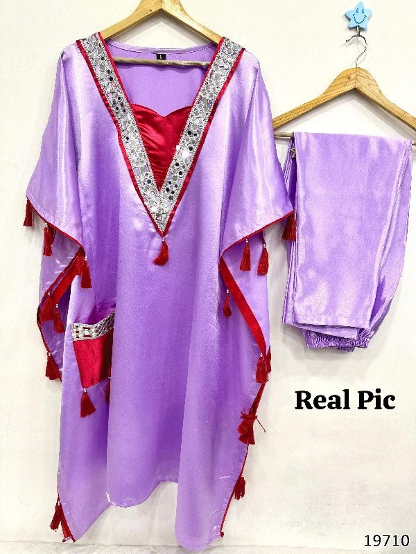 Real Mirror Work Kaftan Set in Moss Satin – Festive Collection