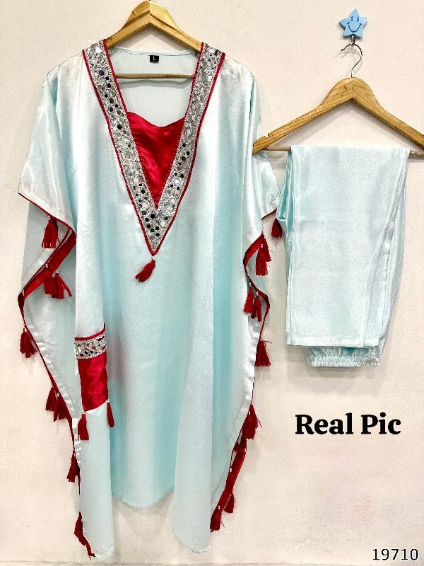 Real Mirror Work Kaftan Set in Moss Satin – Festive Collection