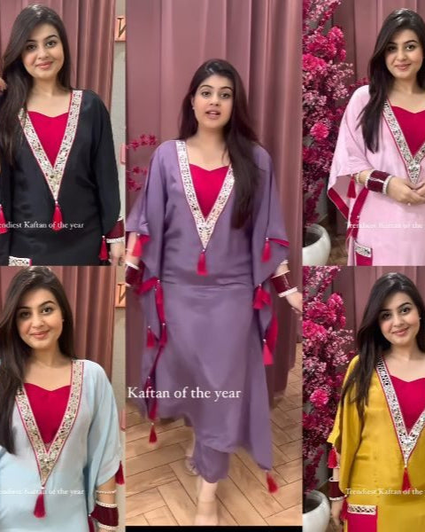Real Mirror Work Kaftan Set in Moss Satin – Festive Collection