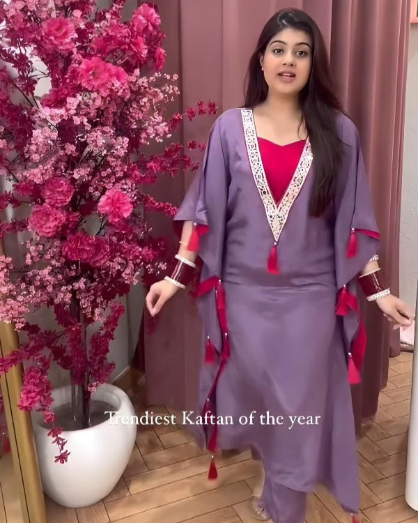 Real Mirror Work Kaftan Set in Moss Satin – Festive Collection