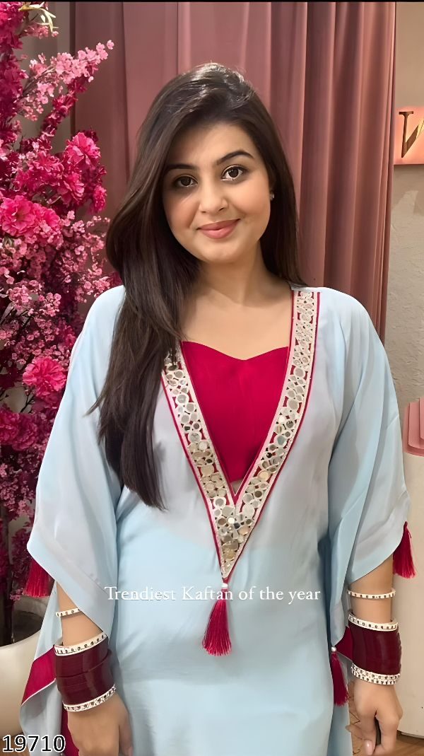 Real Mirror Work Kaftan Set in Moss Satin – Festive Collection