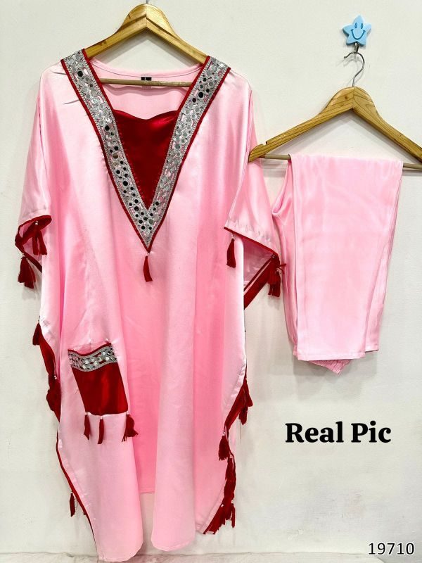 Real Mirror Work Kaftan Set in Moss Satin – Festive Collection