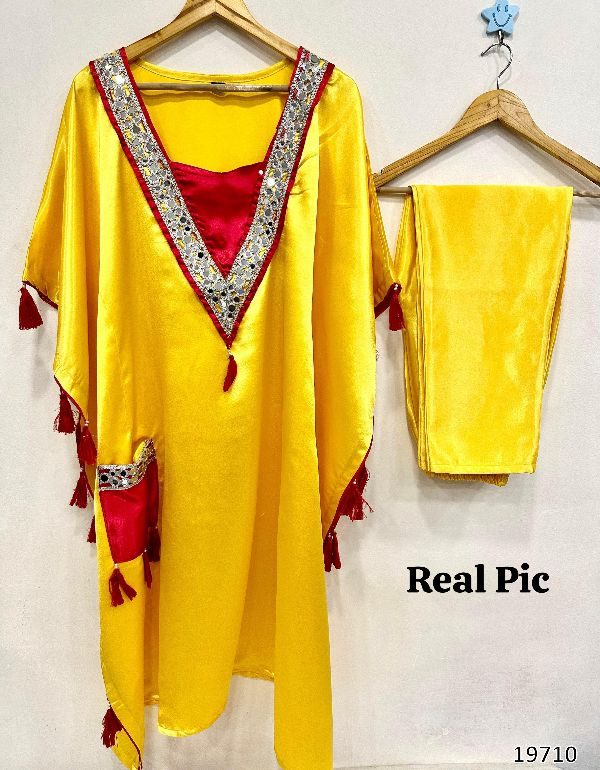 Real Mirror Work Kaftan Set in Moss Satin – Festive Collection
