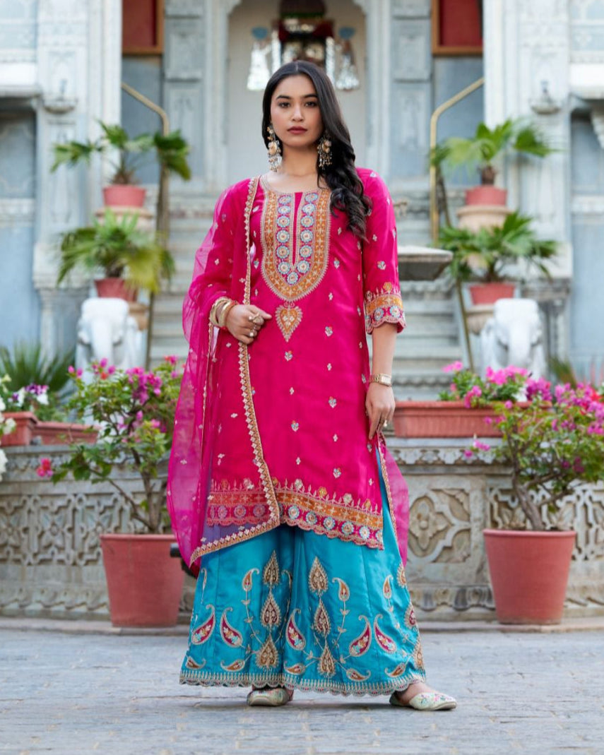 Embroidered Moonga Silk plazzo suit Set with Net Dupatta