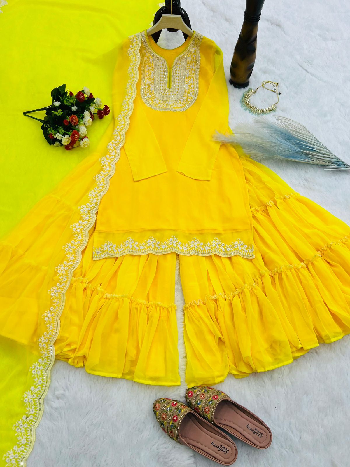 Designer Faux Georgette Sharara Set | Embroidered Party Wear with Dupatta