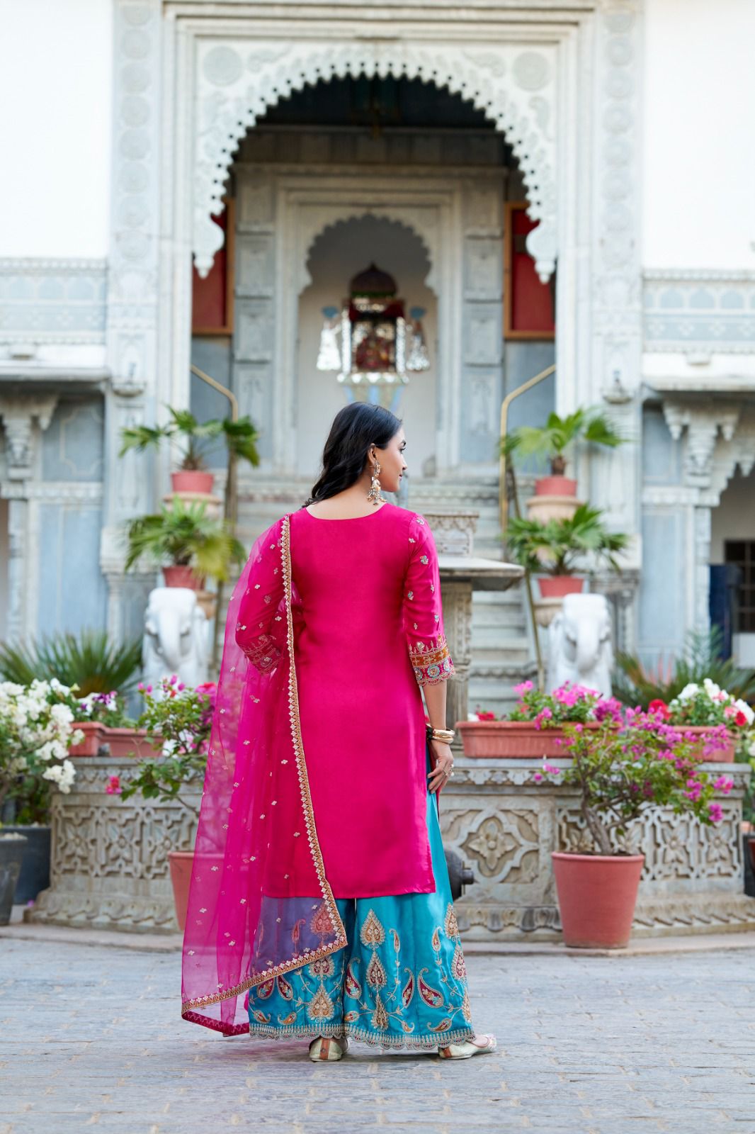 Embroidered Moonga Silk Kurti Pant Set with Net Dupatta
