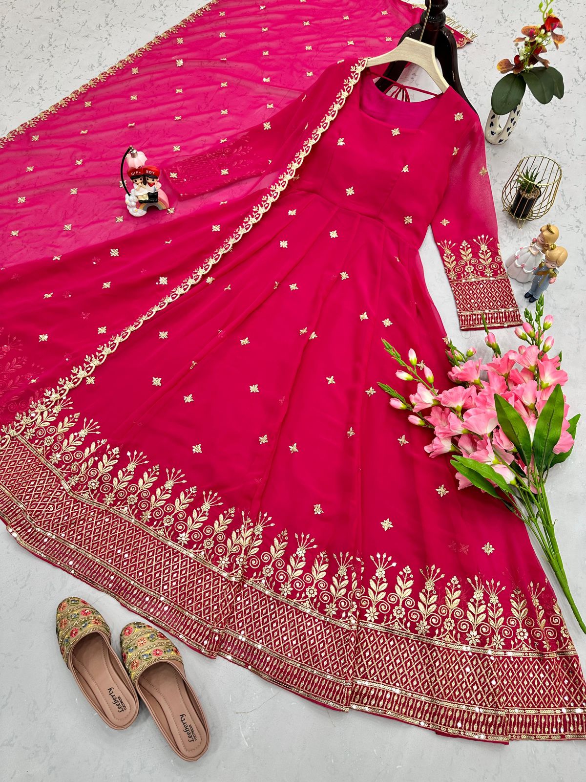 Designer Faux Georgette Party Wear Gown with Embroidered Dupatta