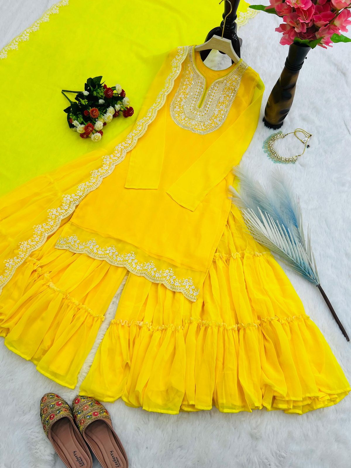 Designer Faux Georgette Sharara Set | Embroidered Party Wear with Dupatta