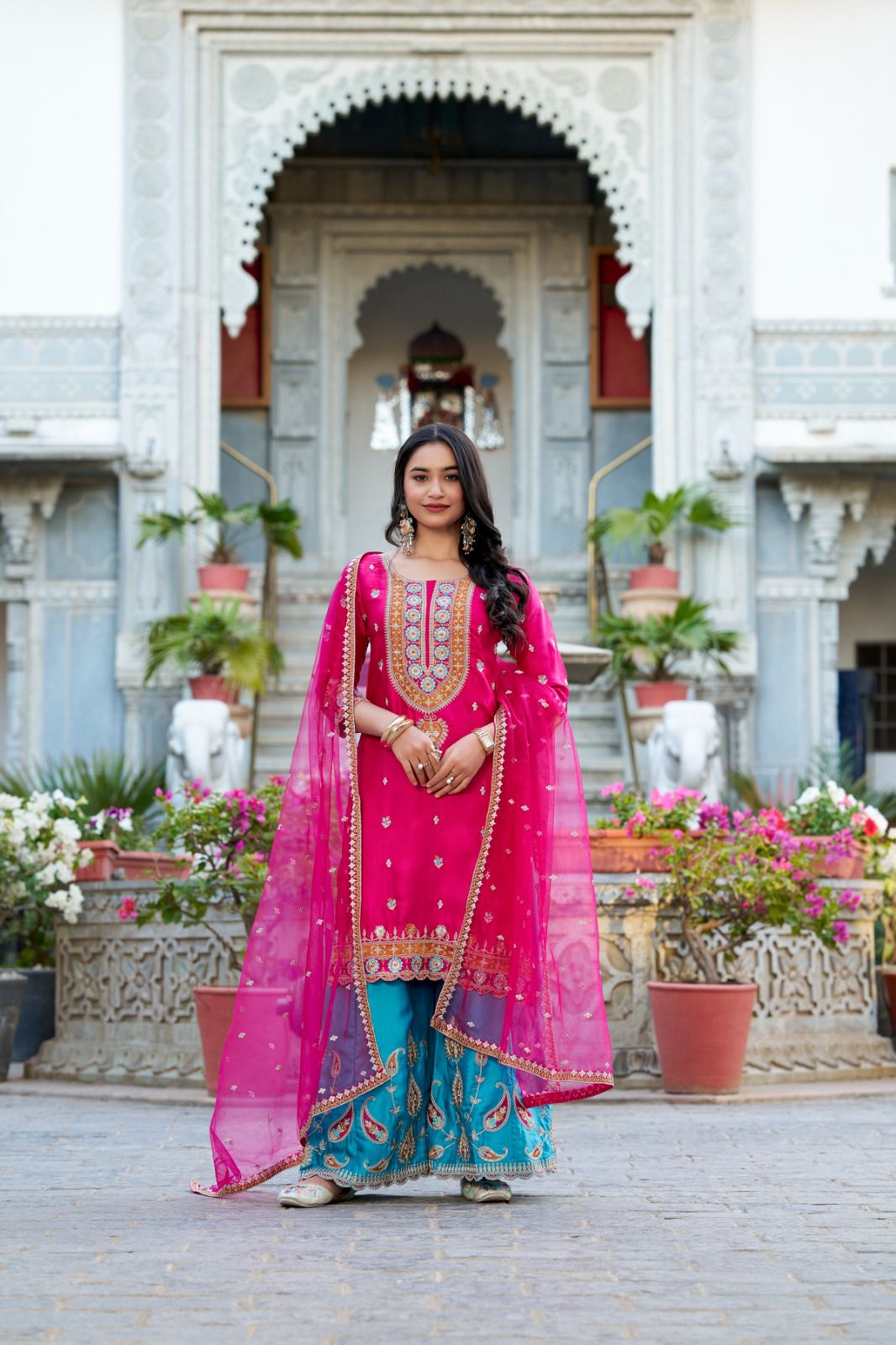 Embroidered Moonga Silk Kurti Pant Set with Net Dupatta