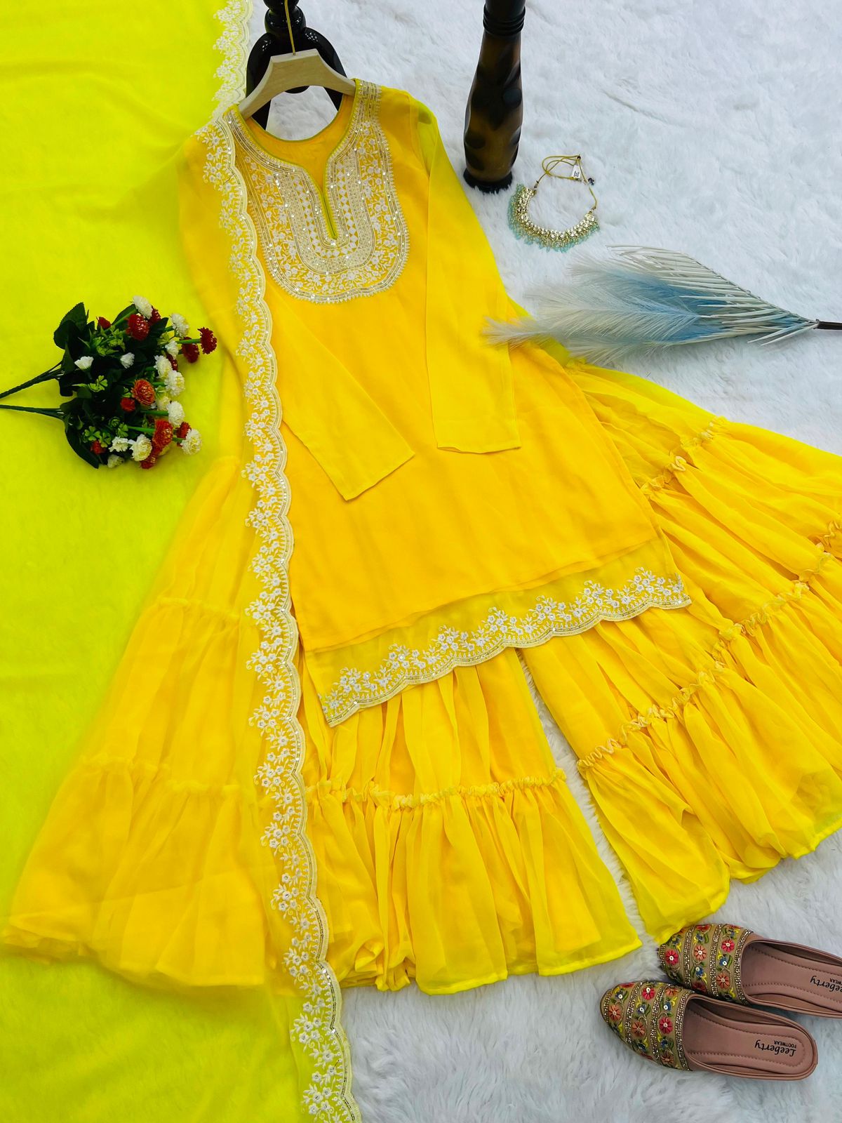 Designer Faux Georgette Sharara Set | Embroidered Party Wear with Dupatta