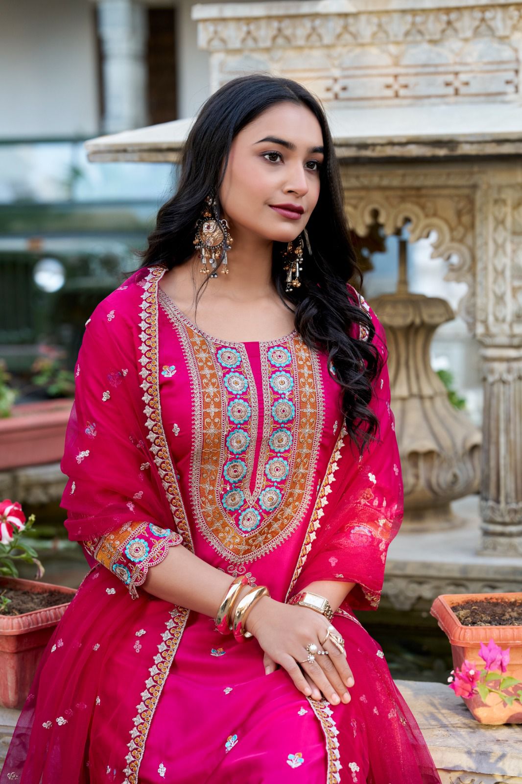 Embroidered Moonga Silk Kurti Pant Set with Net Dupatta