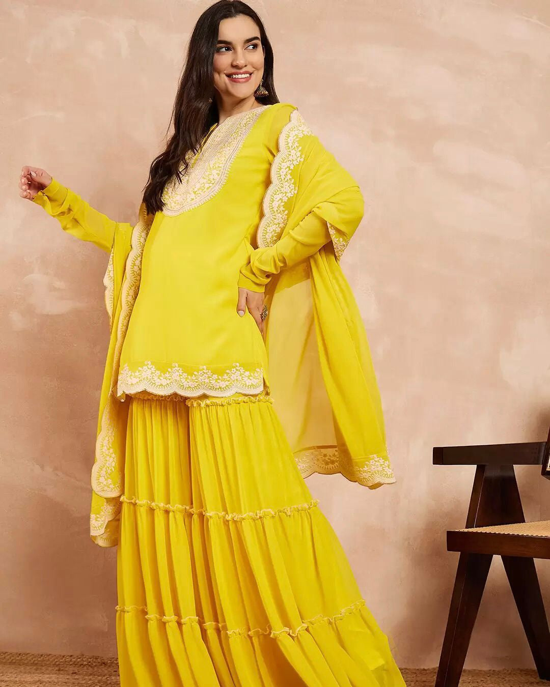 Designer Faux Georgette Sharara Set | Embroidered Party Wear with Dupatta