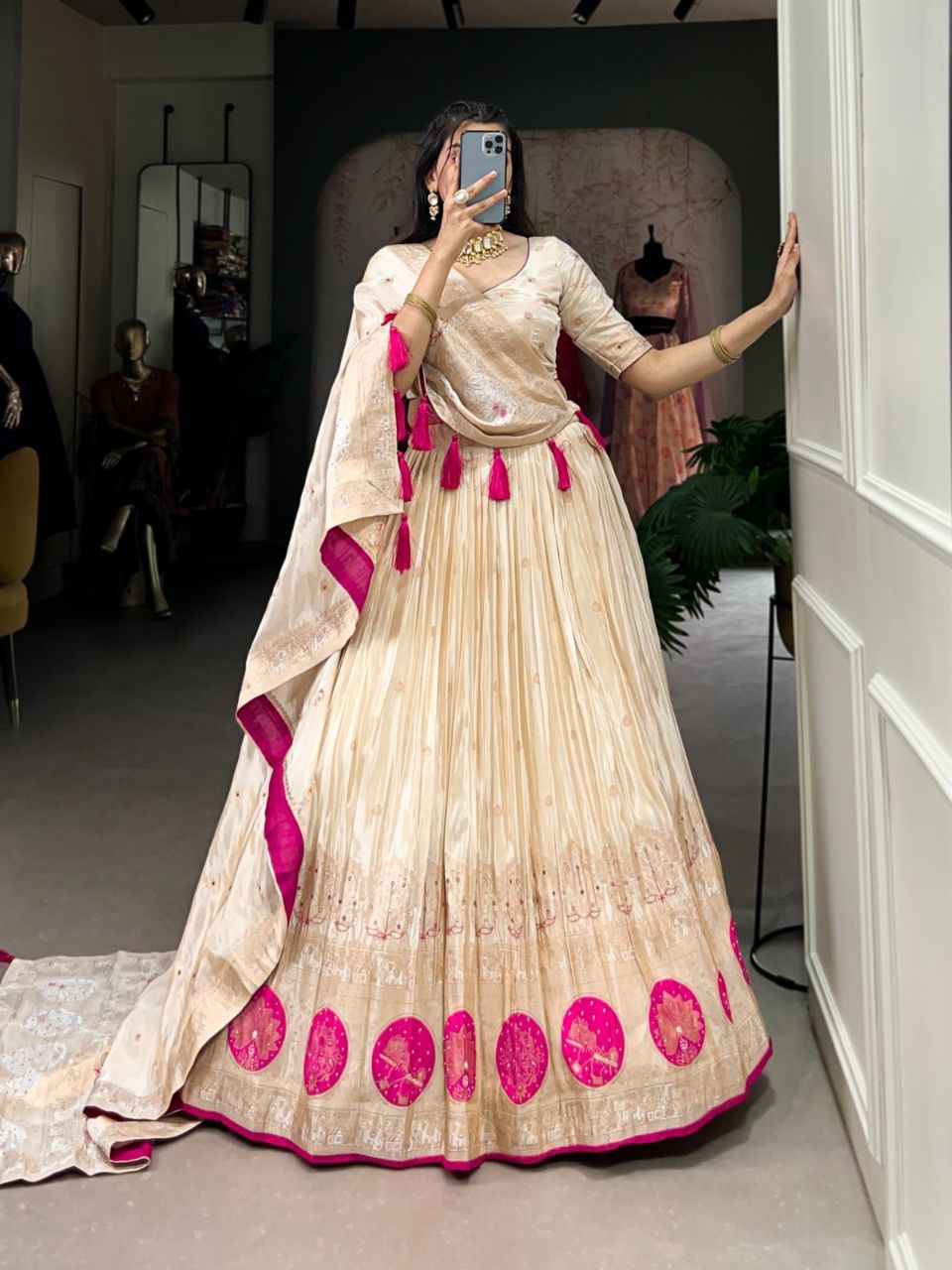 Shimmer Weaving Lehenga Choli with Mirror & Beads Work – Wedding Elegance