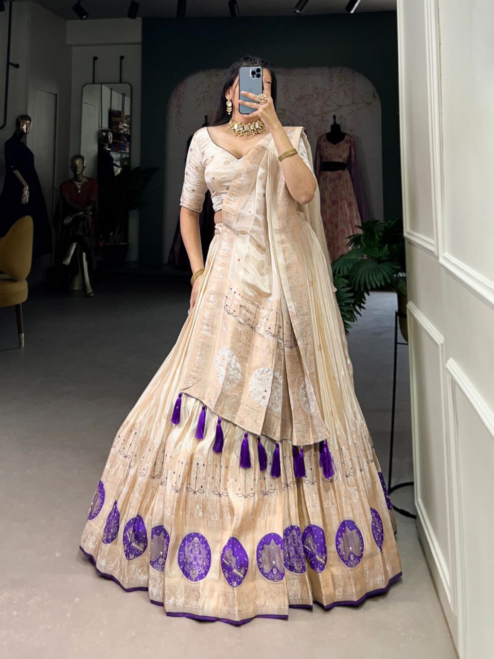 Shimmer Weaving Lehenga Choli with Mirror & Beads Work – Wedding Elegance