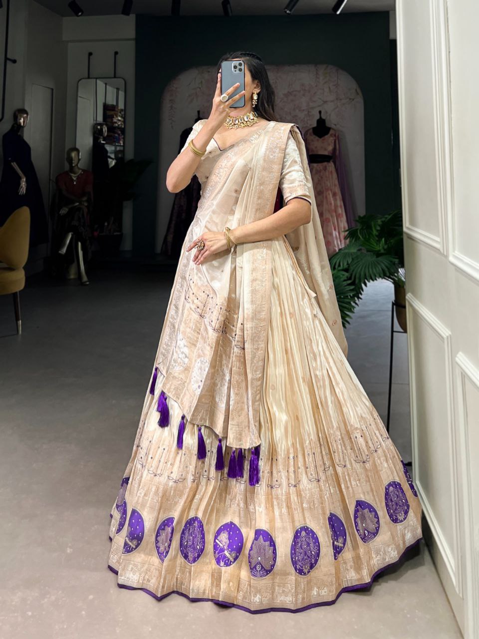 Shimmer Weaving Lehenga Choli with Mirror & Beads Work – Wedding Elegance