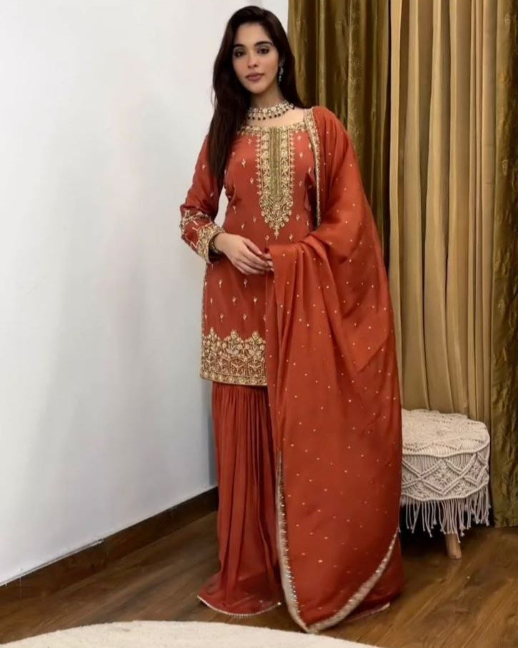 Simmer Silk Embroidered Top-Sharara Set with Dupatta – Party Wear | Fully Stitched
