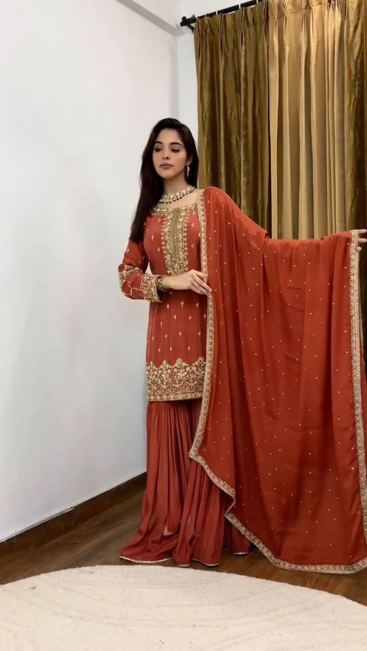 Simmer Silk Embroidered Top-Sharara Set with Dupatta – Party Wear | Fully Stitched