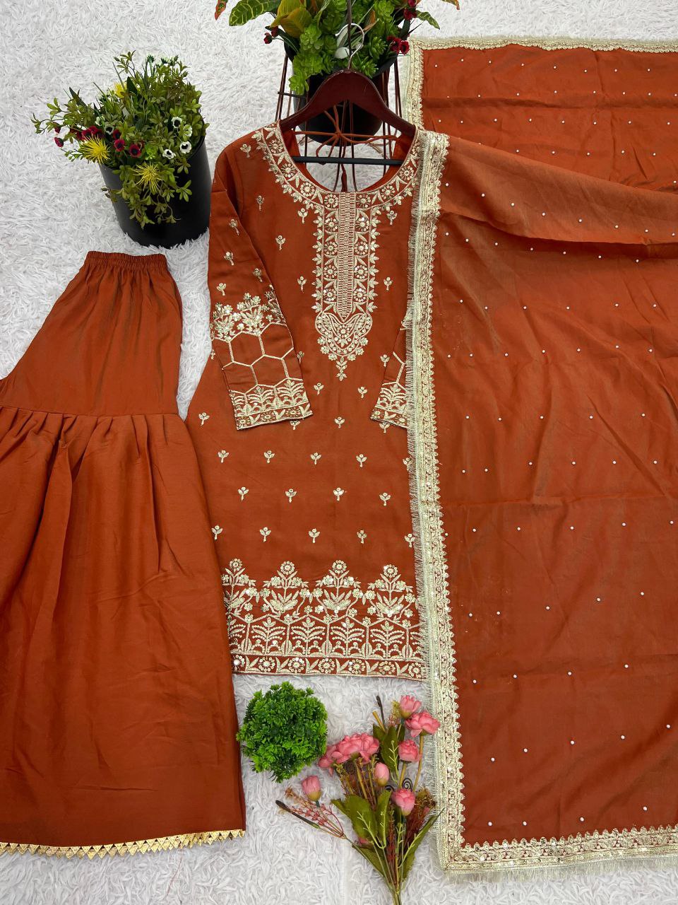 Simmer Silk Embroidered Top-Sharara Set with Dupatta – Party Wear | Fully Stitched