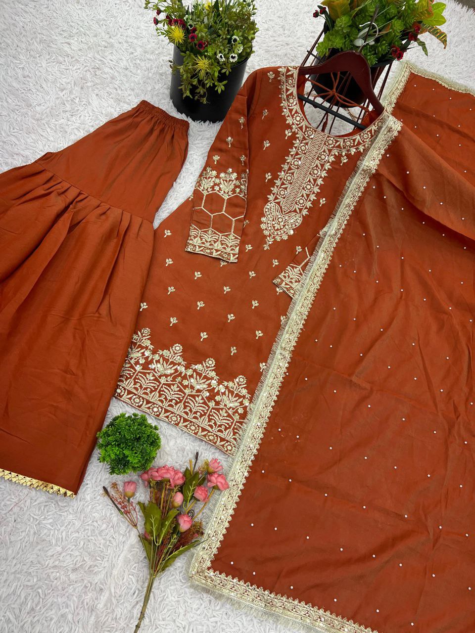 Simmer Silk Embroidered Top-Sharara Set with Dupatta – Party Wear | Fully Stitched