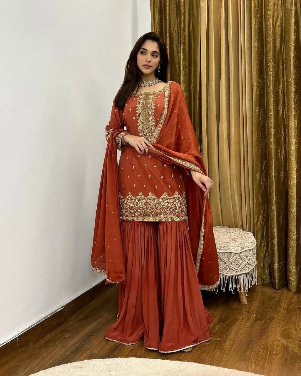 Simmer Silk Embroidered Top-Sharara Set with Dupatta – Party Wear | Fully Stitched