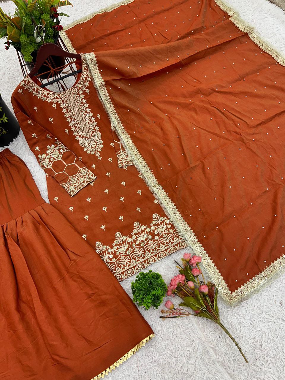Simmer Silk Embroidered Top-Sharara Set with Dupatta – Party Wear | Fully Stitched