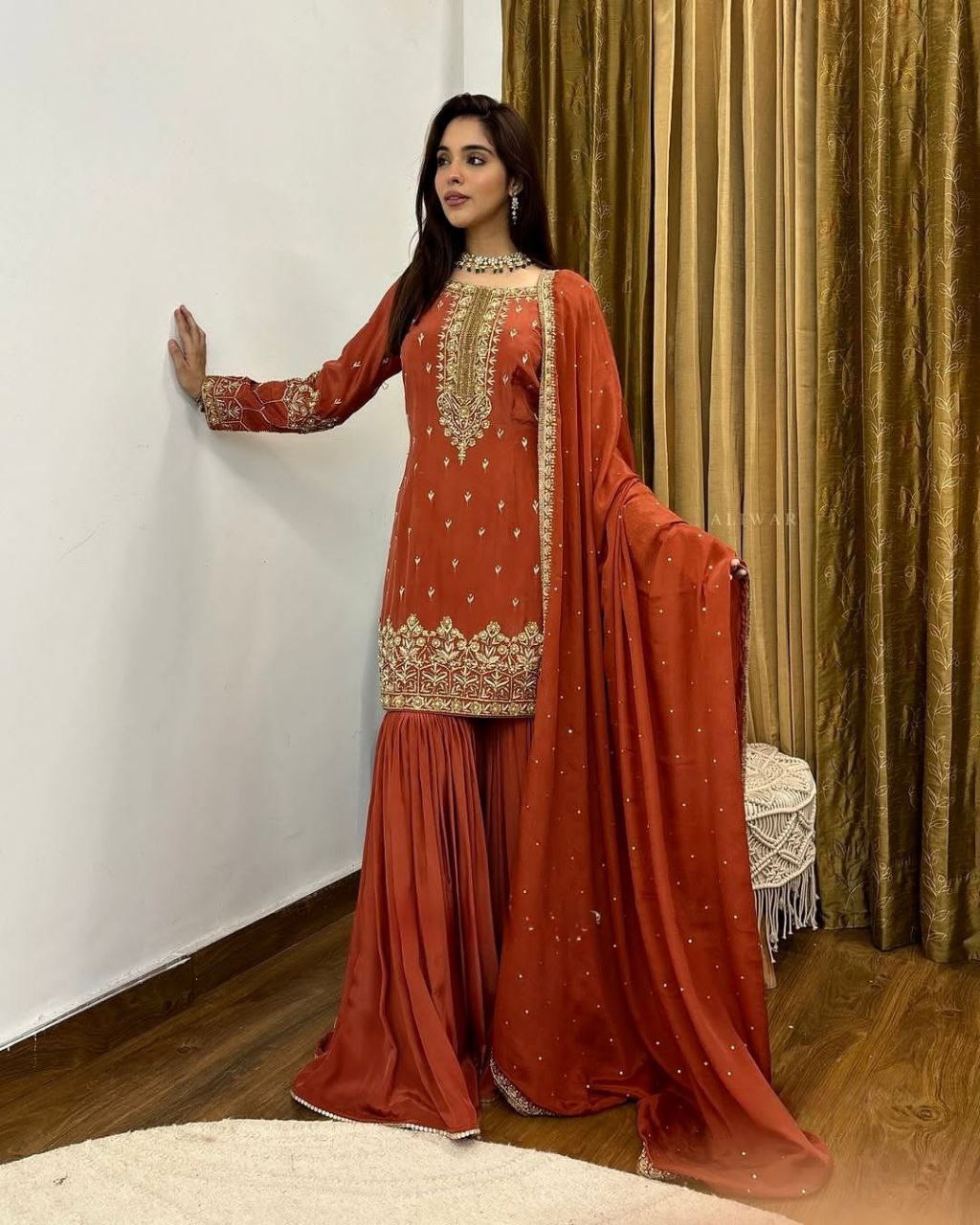 Simmer Silk Embroidered Top-Sharara Set with Dupatta – Party Wear | Fully Stitched