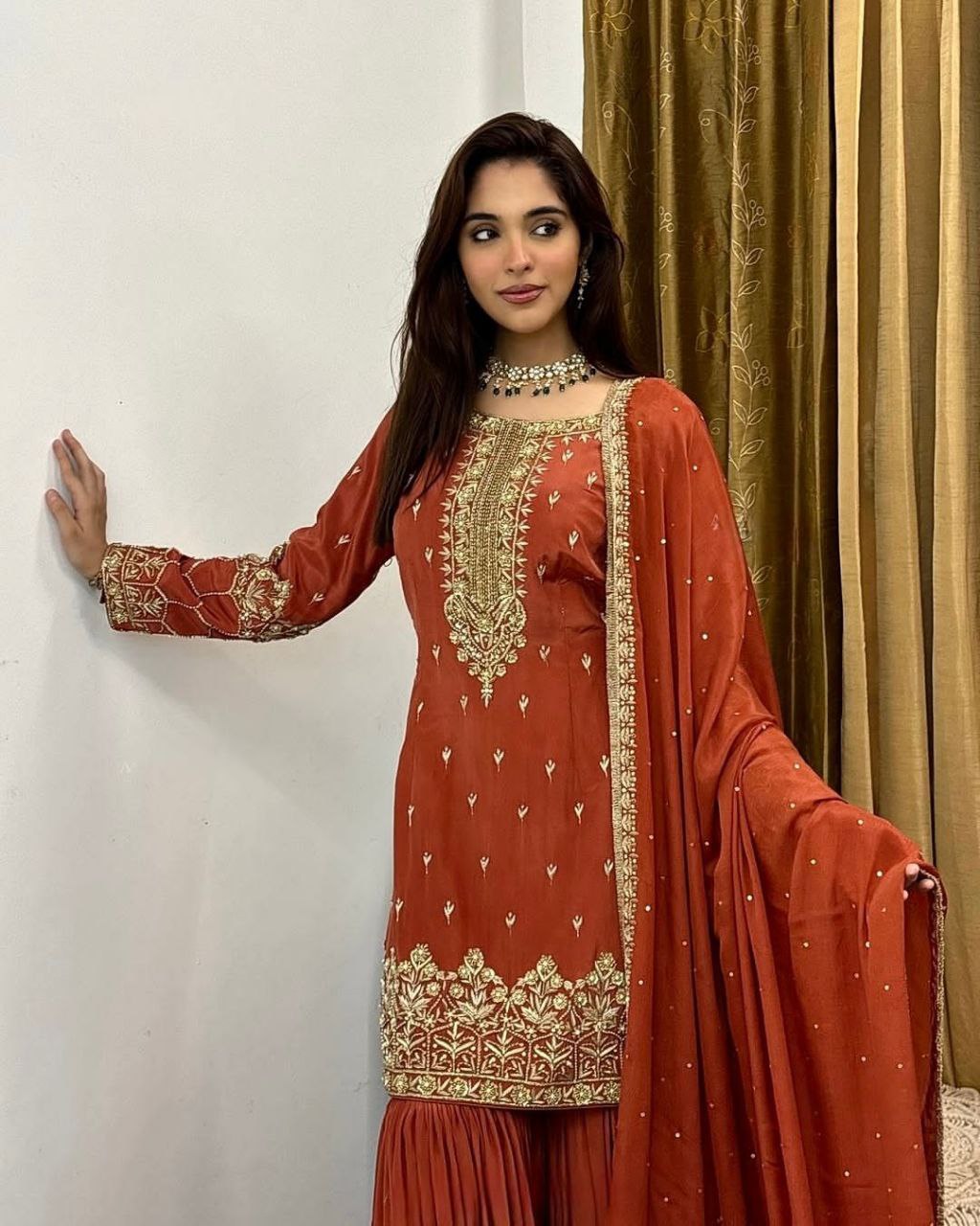 Simmer Silk Embroidered Top-Sharara Set with Dupatta – Party Wear | Fully Stitched