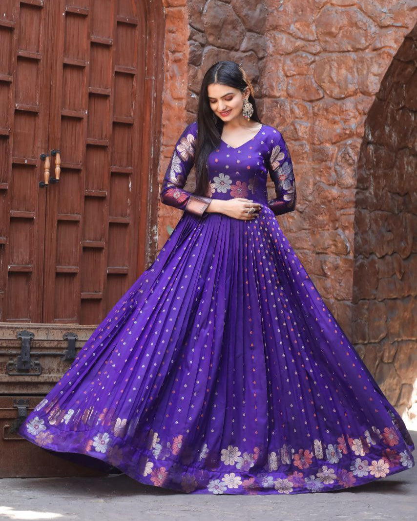 Soft Silk Banarasi Zari Weaving Gown with Boat Neck & Knife Pleats – Readymade Traditional Gown for Women