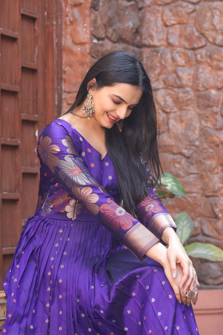 Soft Silk Banarasi Zari Weaving Gown with Boat Neck & Knife Pleats – Readymade Traditional Gown for Women