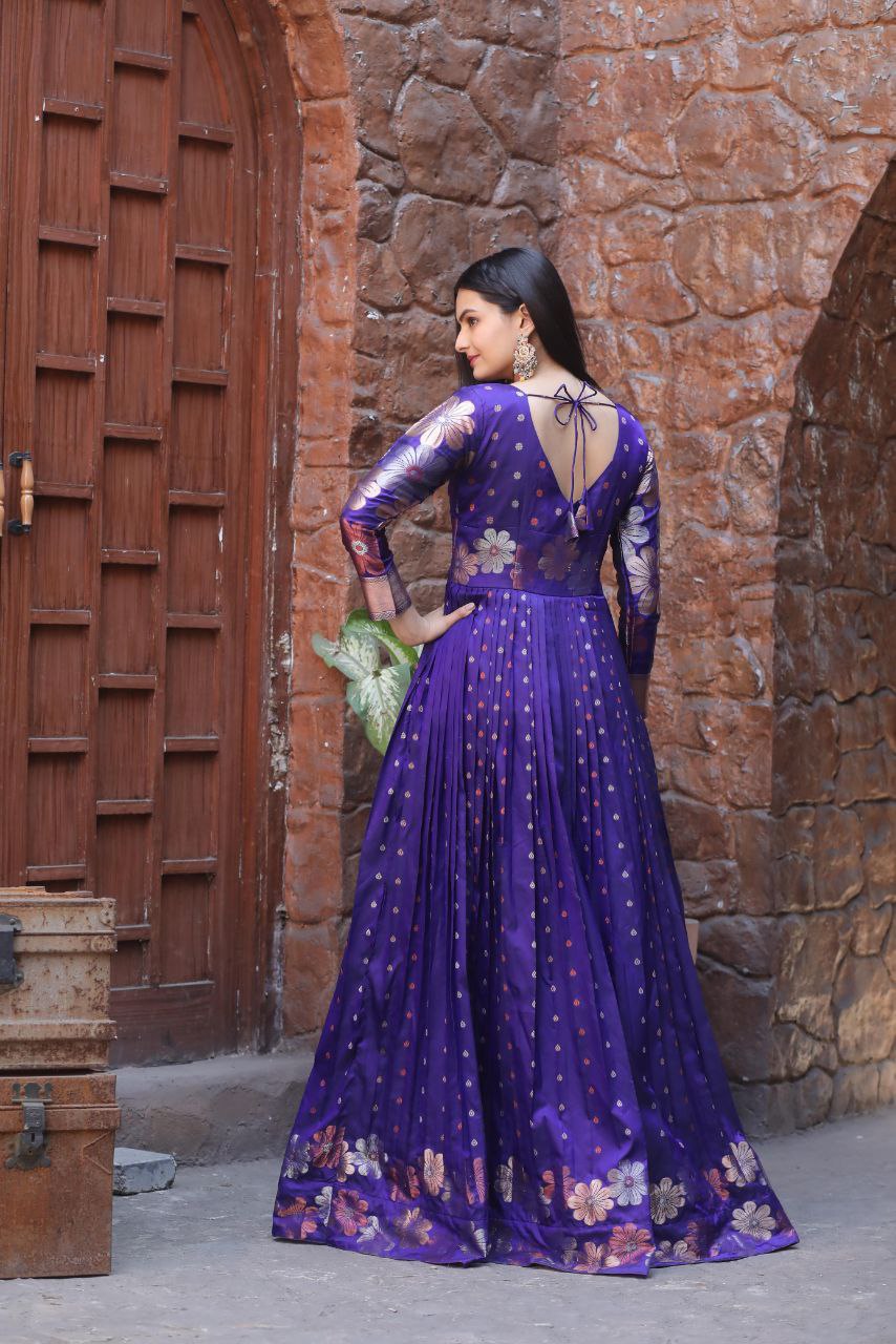 Soft Silk Banarasi Zari Weaving Gown with Boat Neck & Knife Pleats – Readymade Traditional Gown for Women