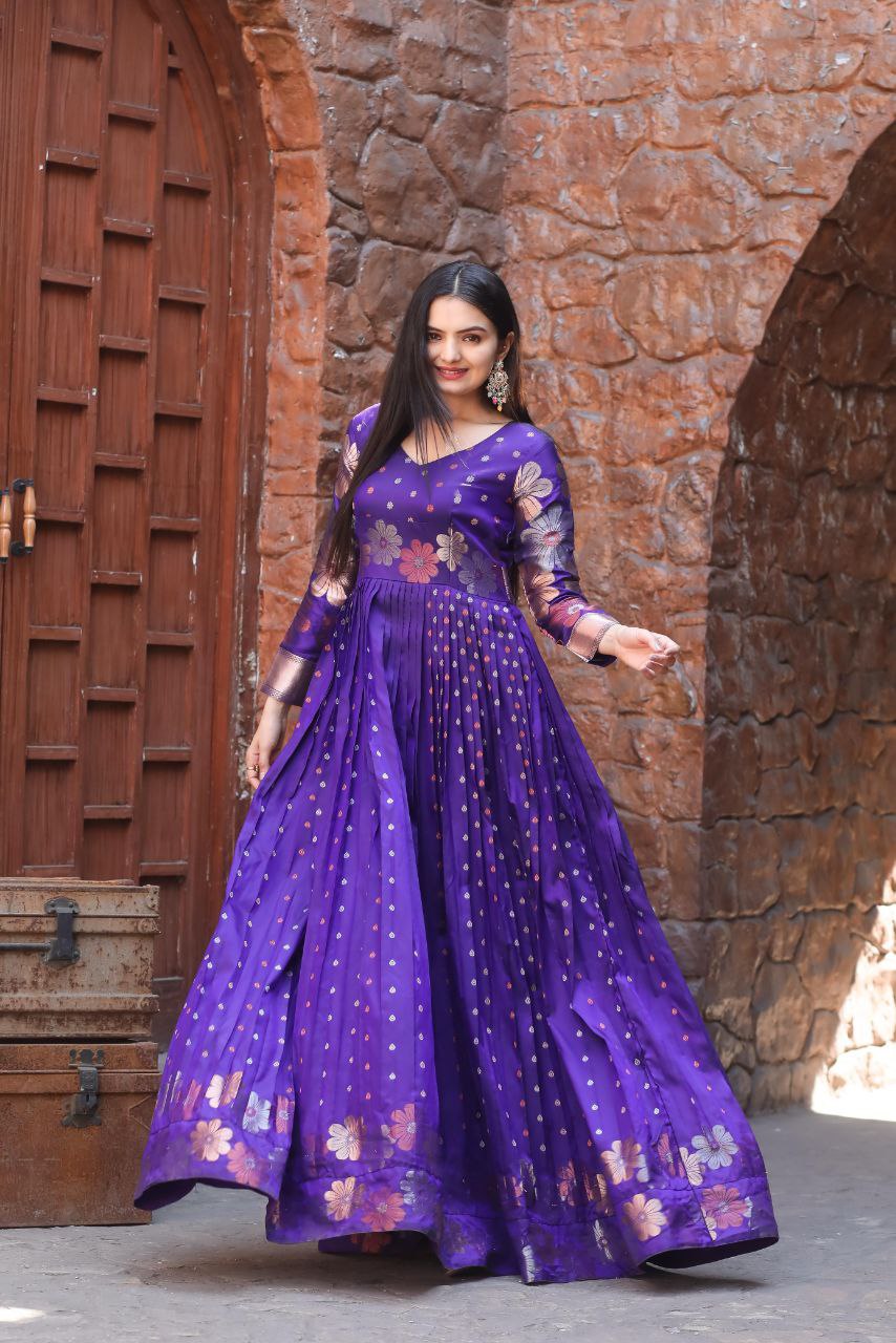 Soft Silk Banarasi Zari Weaving Gown with Boat Neck & Knife Pleats – Readymade Traditional Gown for Women