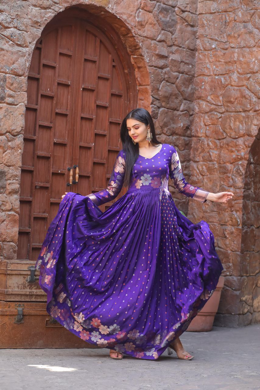 Soft Silk Banarasi Zari Weaving Gown with Boat Neck & Knife Pleats – Readymade Traditional Gown for Women
