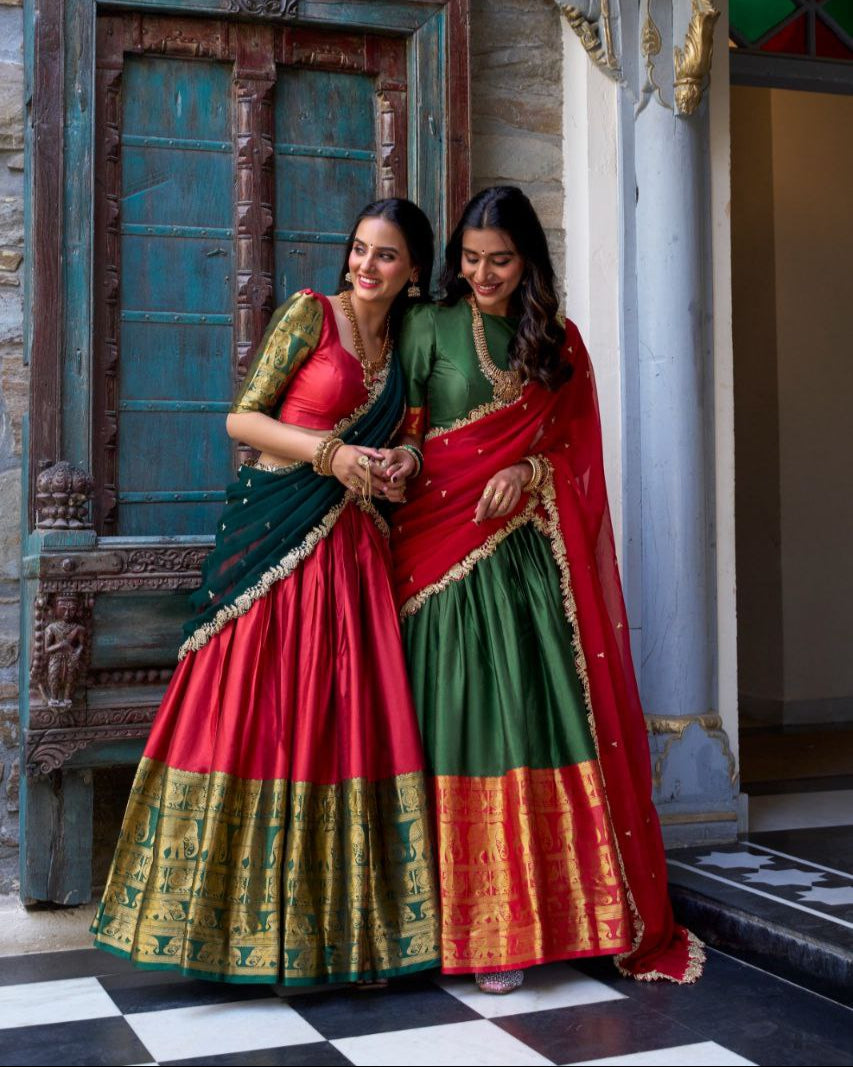 South Indian Elegance: Narayan Pattu Lehenga Choli with Zari Weaving & Sequins Dupatta