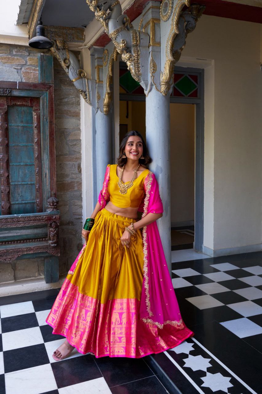 South Indian Elegance: Narayan Pattu Lehenga Choli with Zari Weaving & Sequins Dupatta