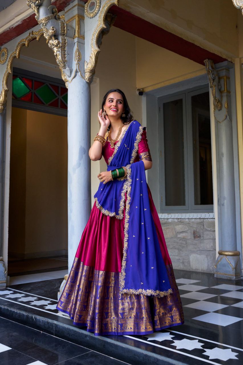 South Indian Elegance: Narayan Pattu Lehenga Choli with Zari Weaving & Sequins Dupatta