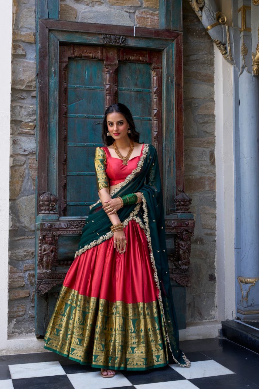 South Indian Elegance: Narayan Pattu Lehenga Choli with Zari Weaving & Sequins Dupatta