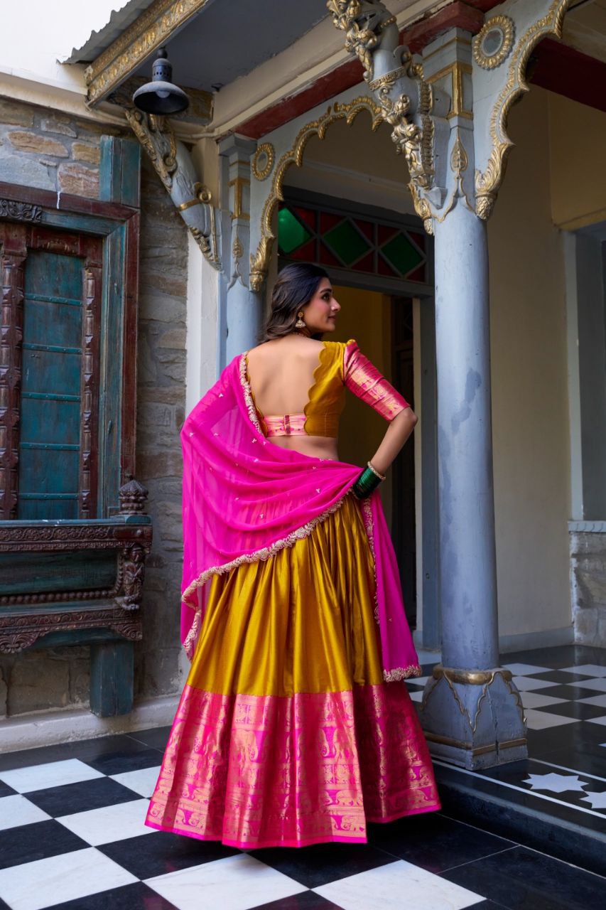 South Indian Elegance: Narayan Pattu Lehenga Choli with Zari Weaving & Sequins Dupatta