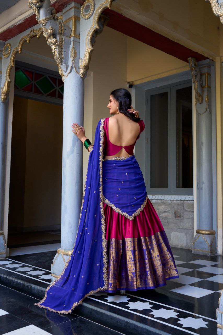 South Indian Elegance: Narayan Pattu Lehenga Choli with Zari Weaving & Sequins Dupatta