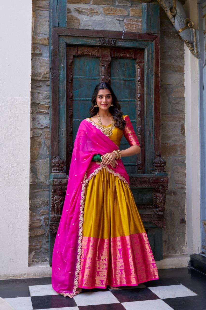 South Indian Elegance: Narayan Pattu Lehenga Choli with Zari Weaving & Sequins Dupatta