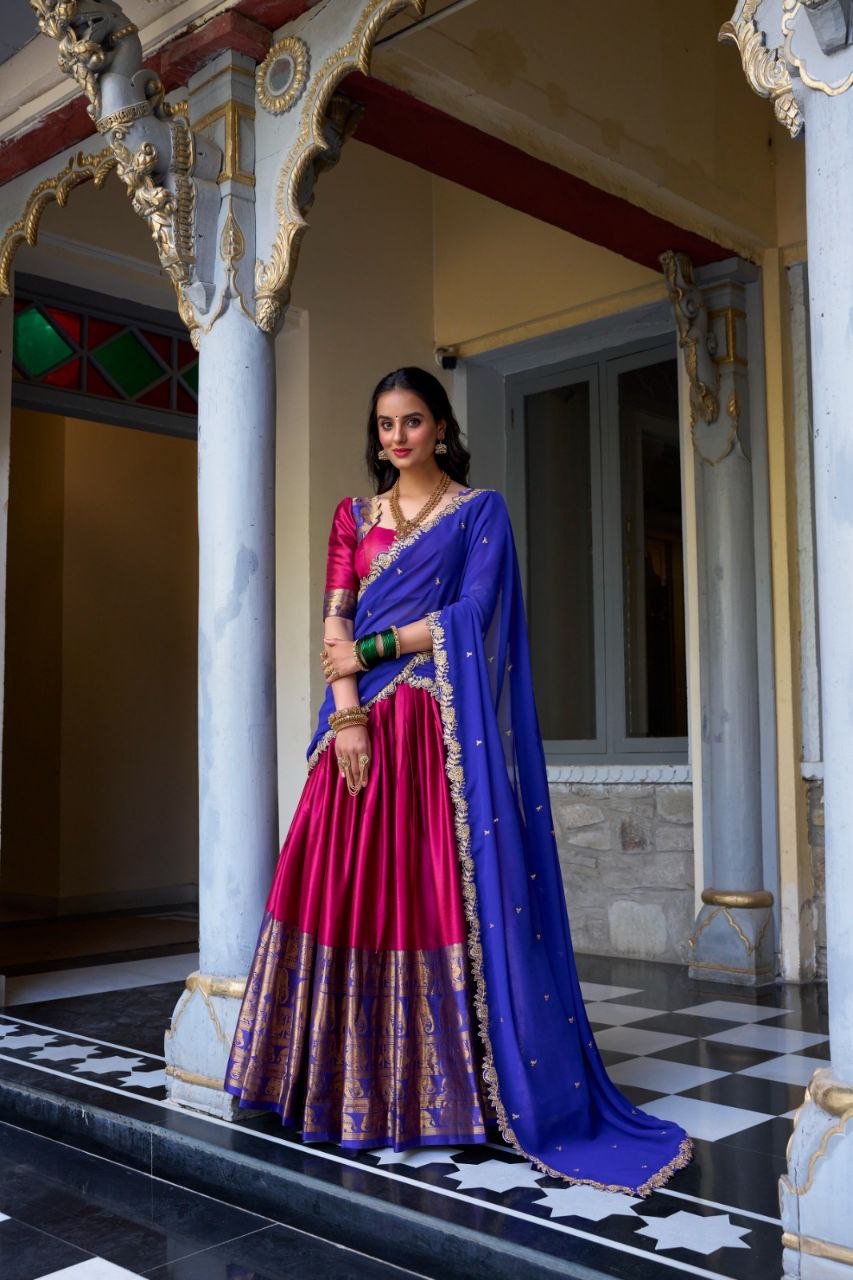 South Indian Elegance: Narayan Pattu Lehenga Choli with Zari Weaving & Sequins Dupatta