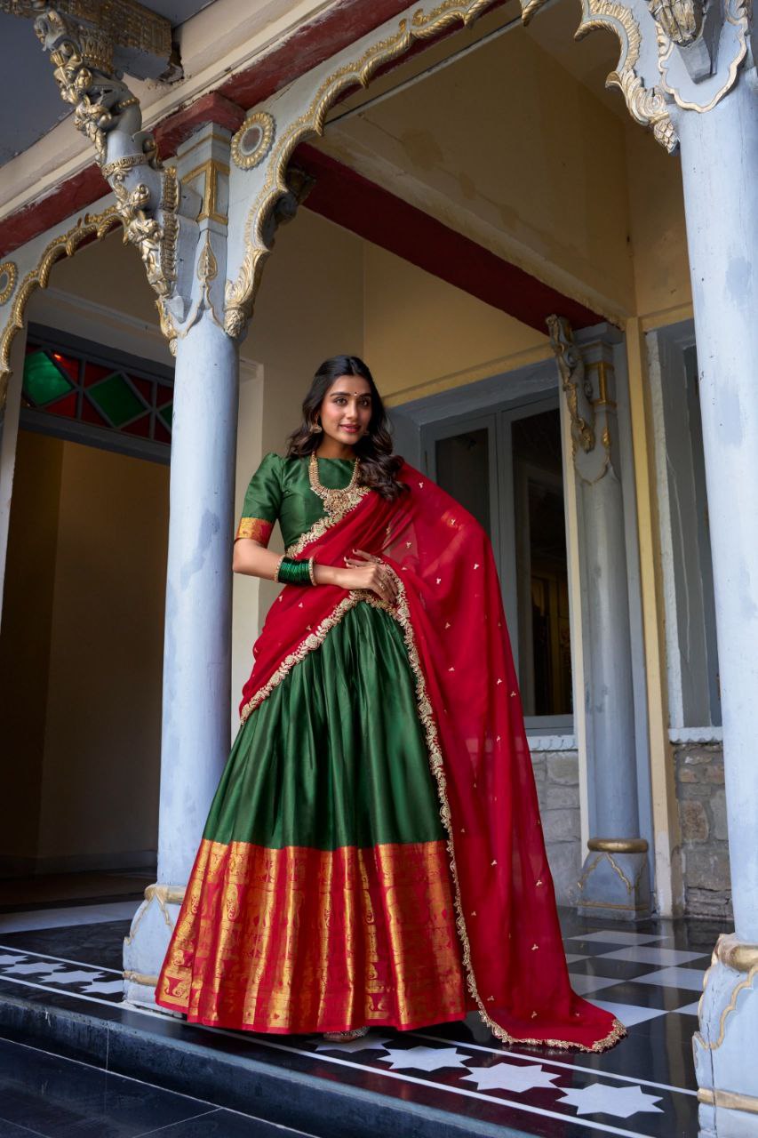 South Indian Elegance: Narayan Pattu Lehenga Choli with Zari Weaving & Sequins Dupatta